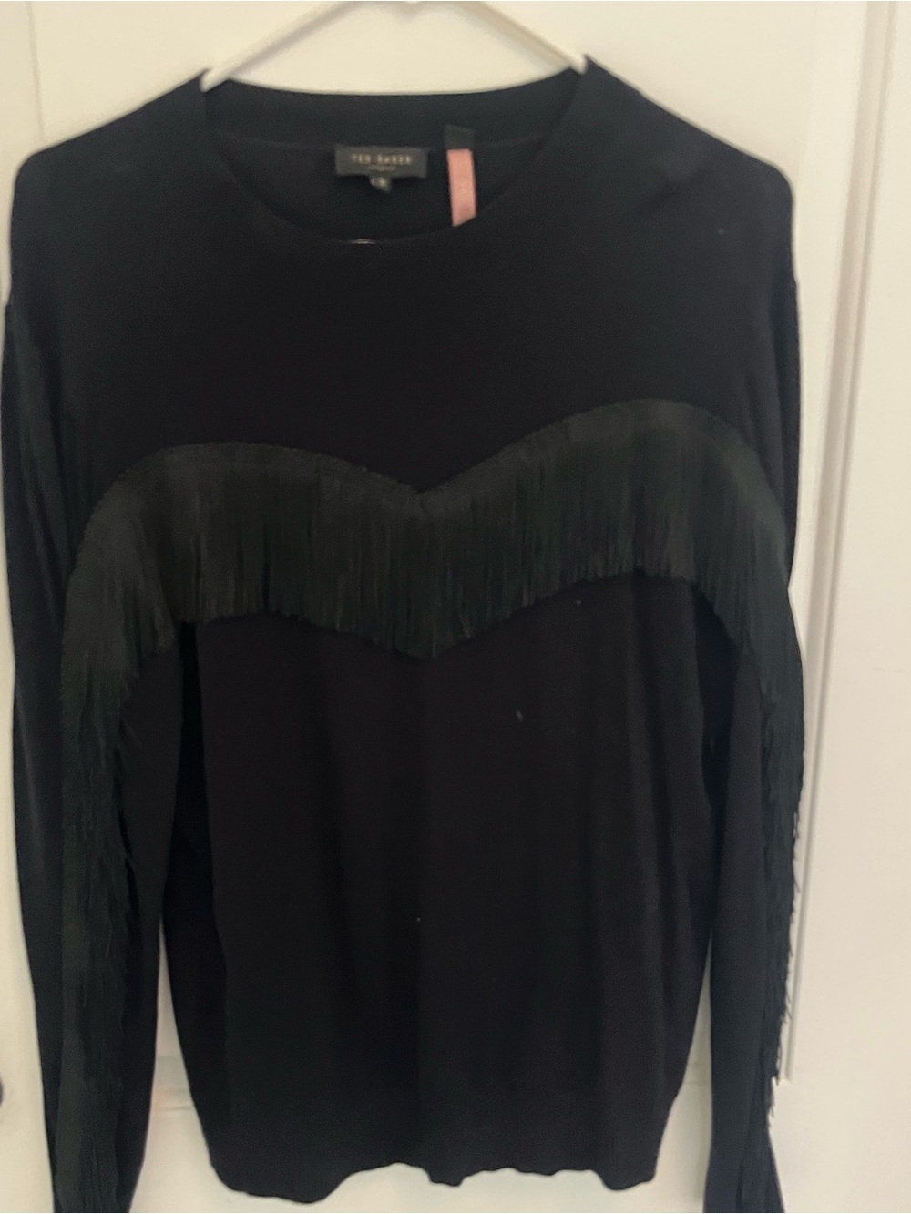Ted Baker Black Crewneck Sweater with Fringe Accent